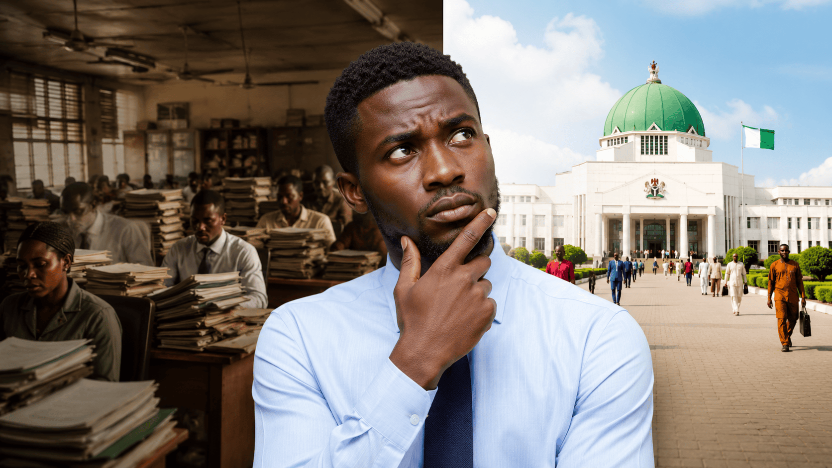 A thoughtful young Nigerian office worker standing between two contrasting scenes — a crowded, stressful government office and a bright modern Nigerian government building — symbolizing the pros and cons of working for the Nigerian government in 2026.