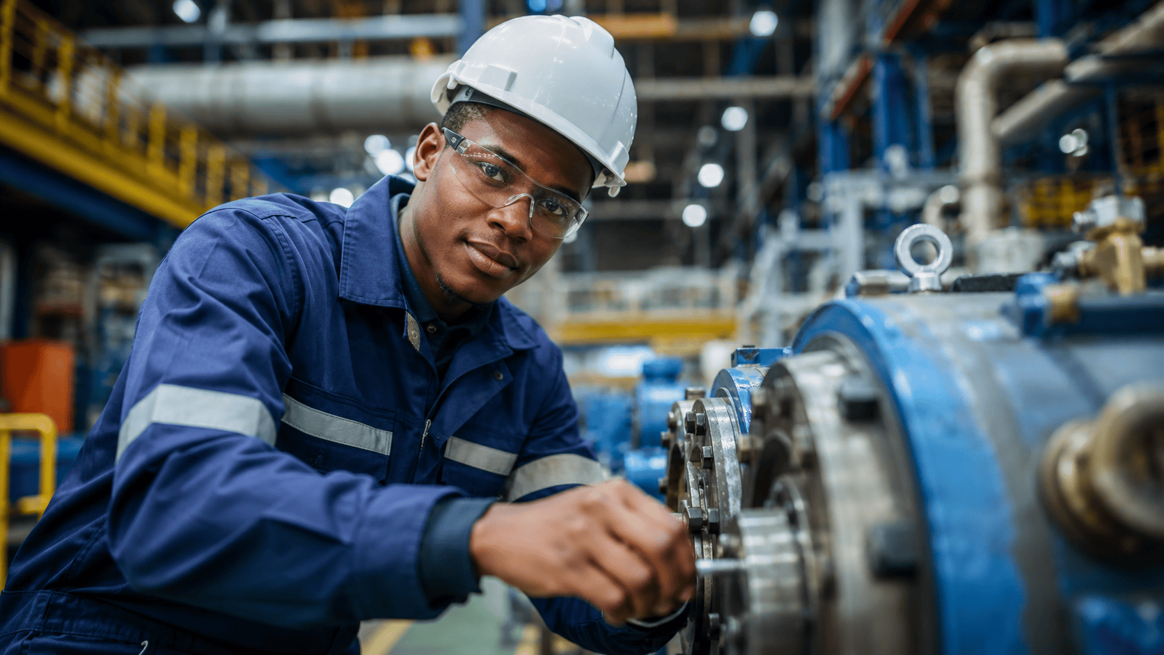 Young mechanical engineering graduate in blue industrial coveralls and white safety helmet inspecting heavy machinery inside a modern mining production plant